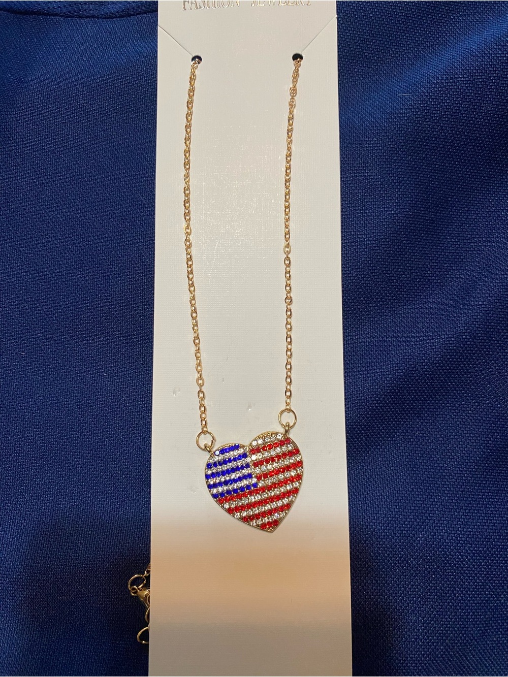 Gold-Tone Heart Flag Necklace with Red & Blue Crystals